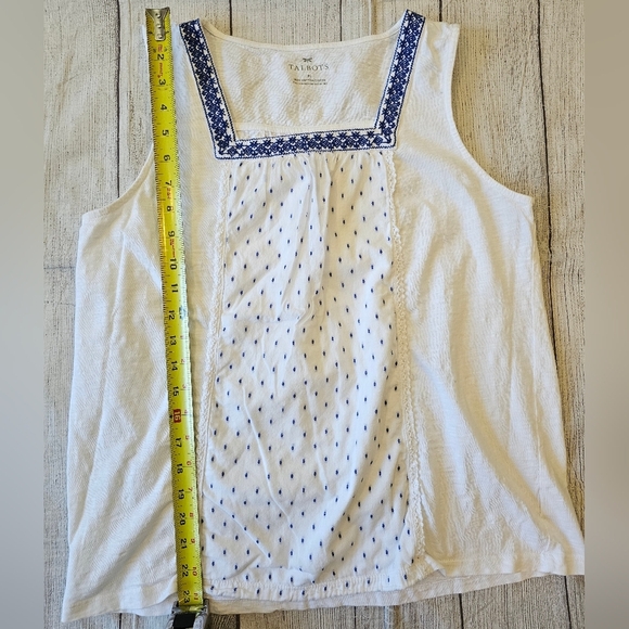 Talbots Women's Size Medium White Blue Square Neck Embroidered Sleeveless Top - Picture 5 of 10